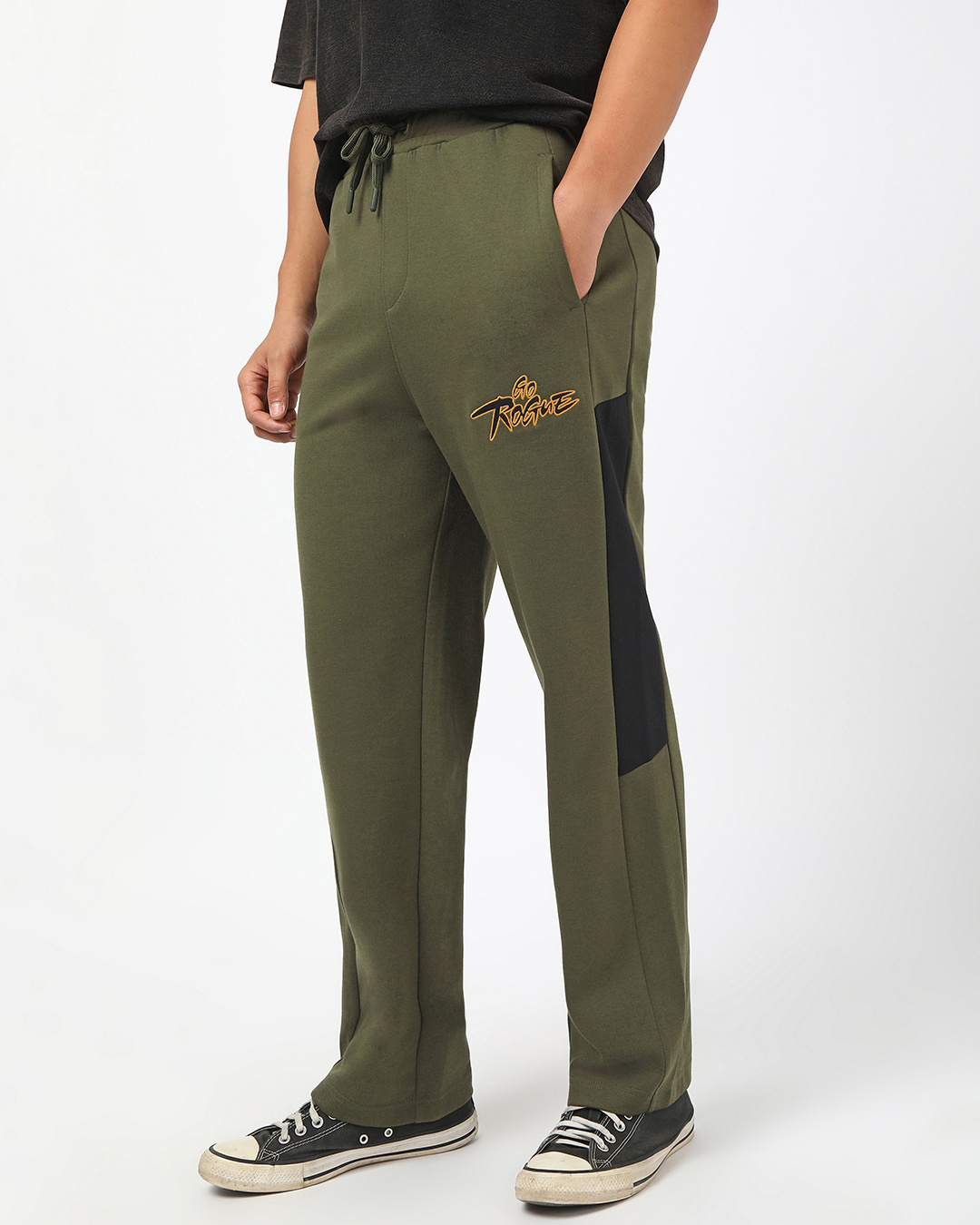 Shop Men's Deep Moss Green The Rogue Color Block Oversized Wide Leg Track Pants-Back