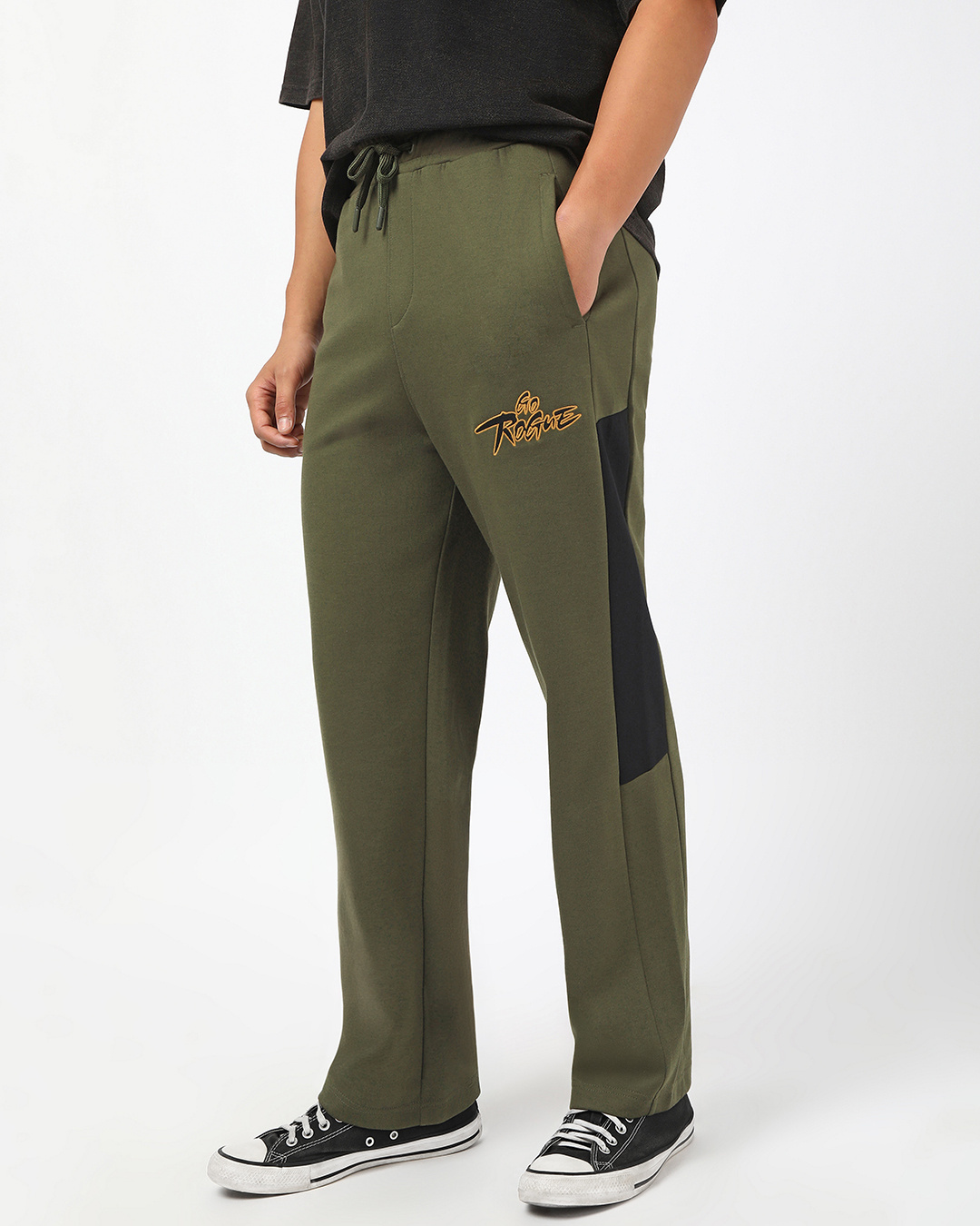 Shop Men's Deep Moss Green The Rogue Color Block Oversized Wide Leg Track Pants-Back