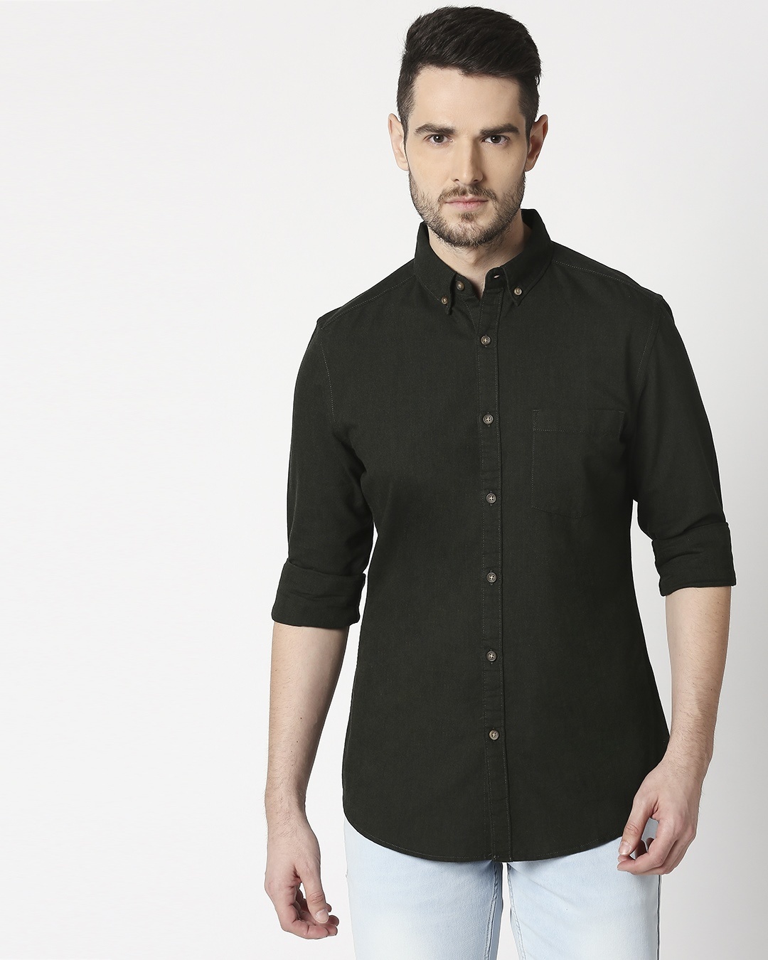 Shop Men's Dk Olive Slim Fit Casual Oxford Shirt-Back