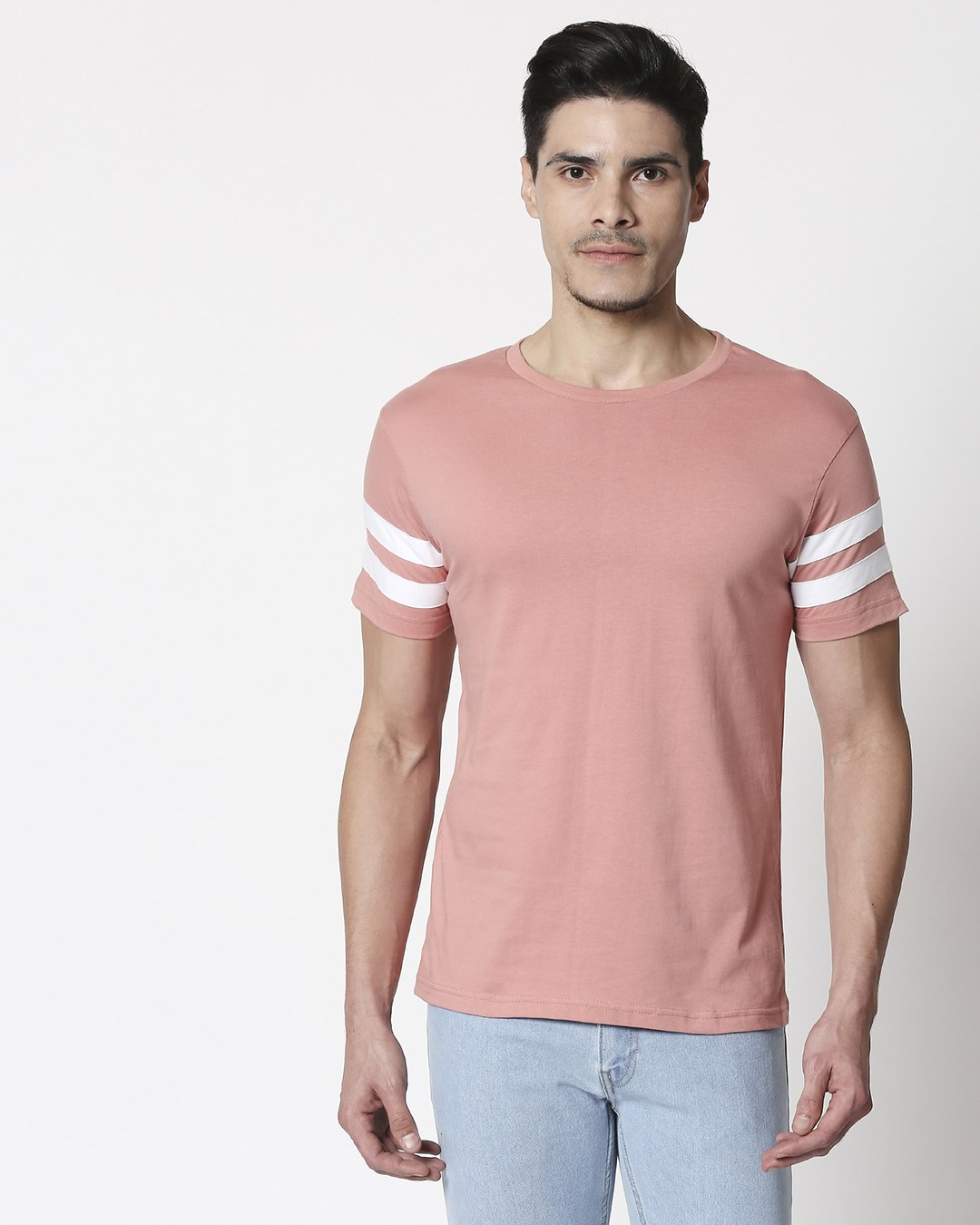 Shop Men's double tape panel T-Shirt(Pink & White)-Back