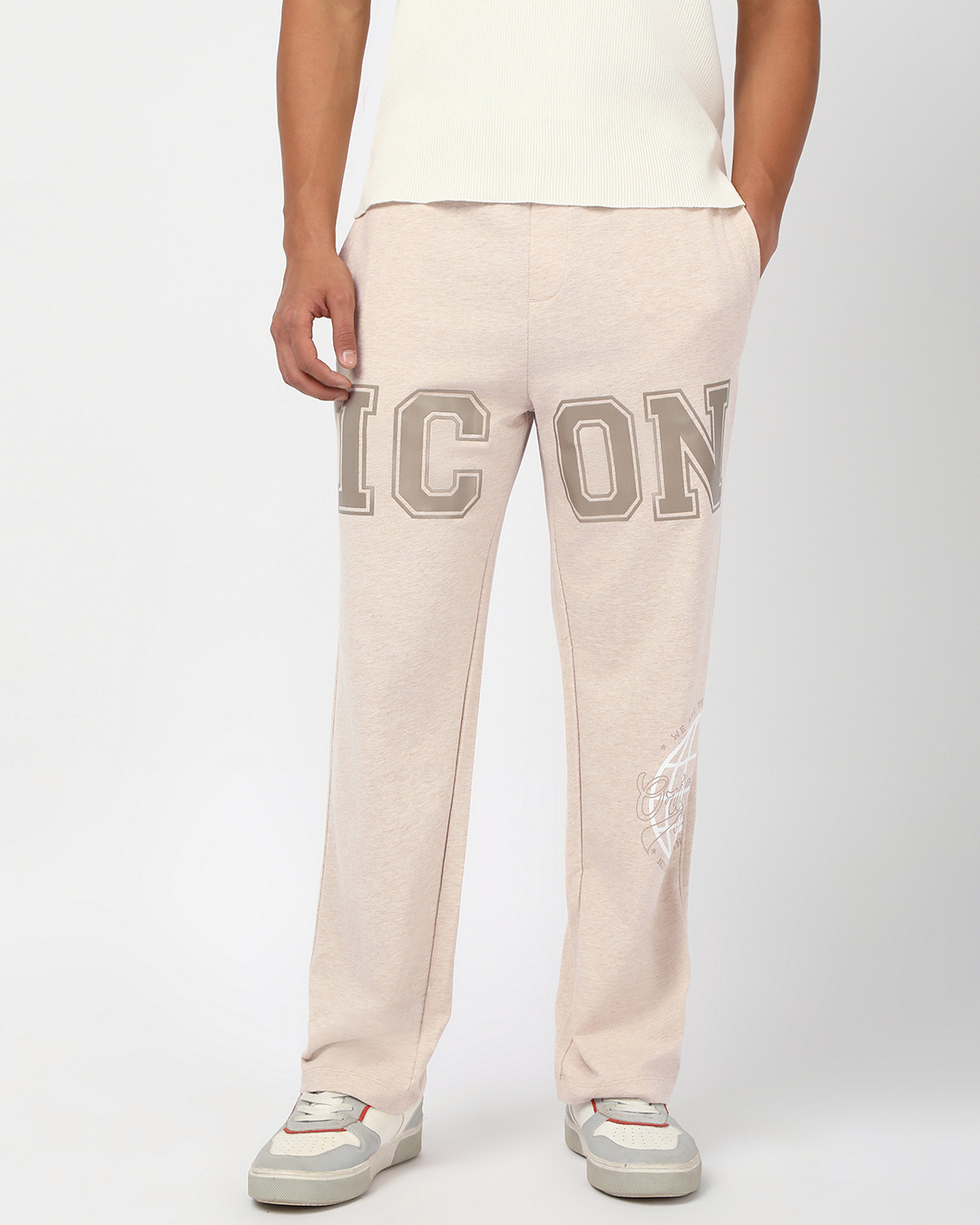Shop Men's Ecru Melange Icon Graphic Printed Oversized Wide Leg Track Pants-Back
