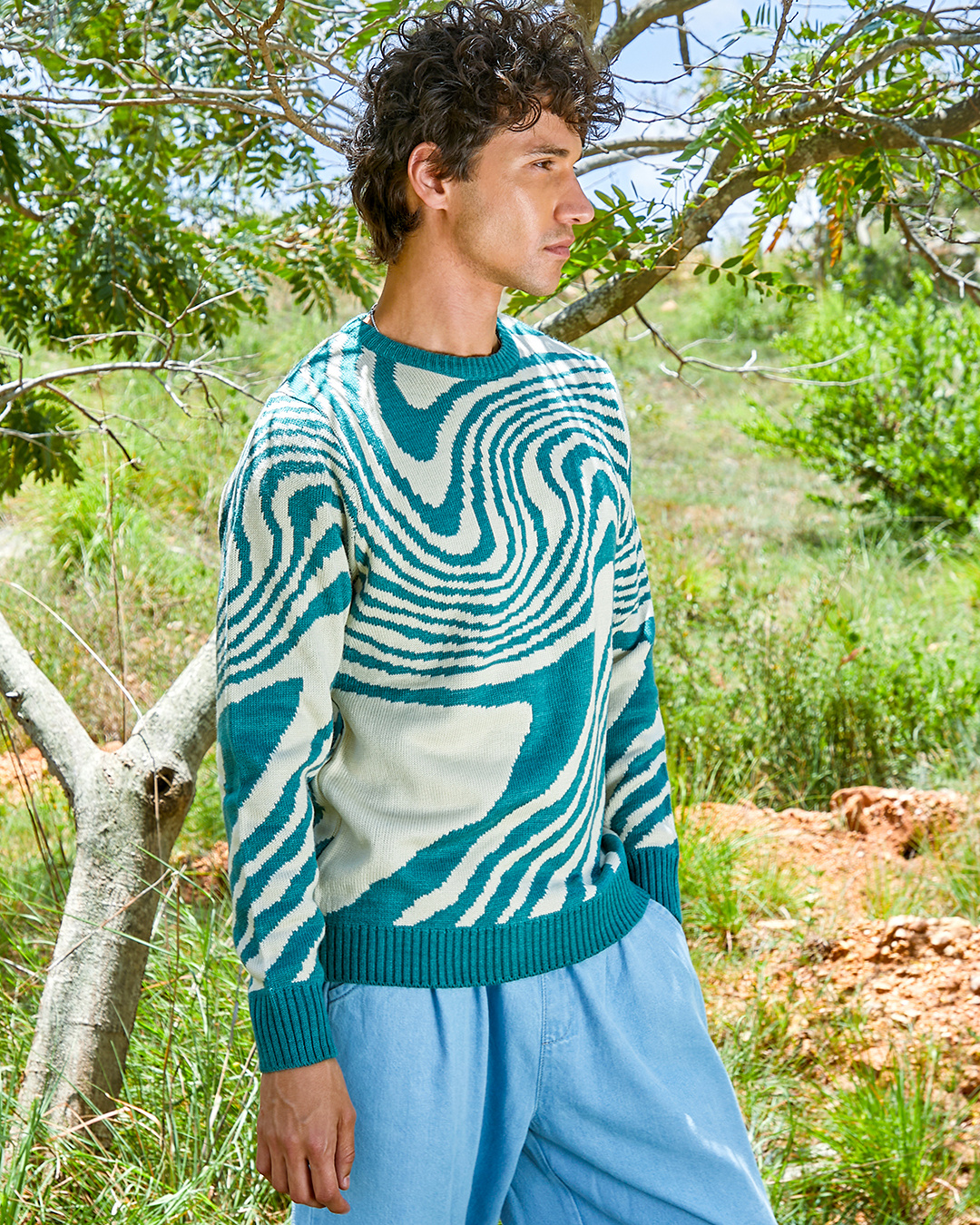 Shop Men's Emerald Green & Beige Printed Sweater-Back