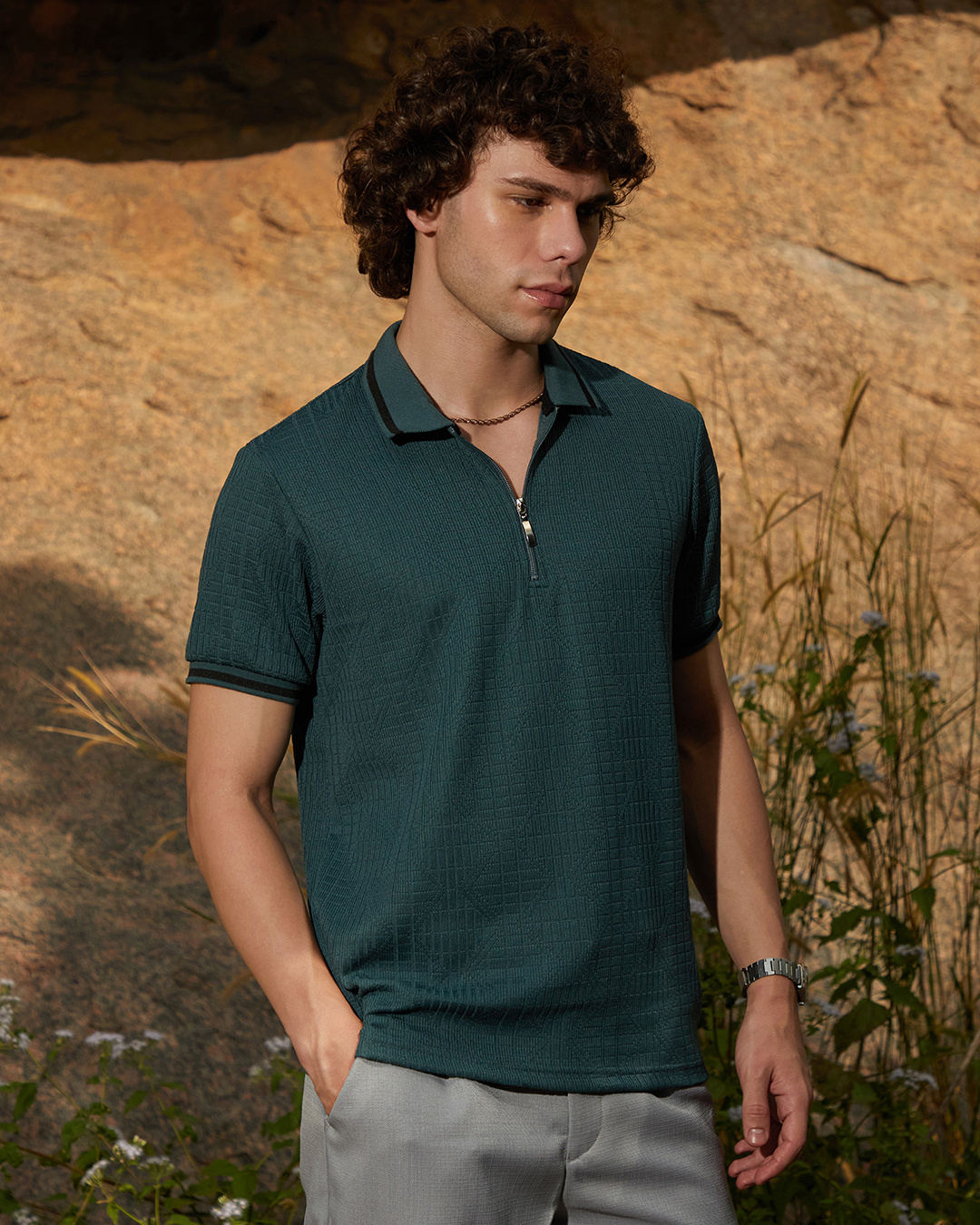 Shop Men's Emerald Green Textured Polo T-shirt-Back