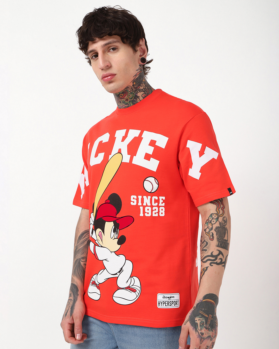 Shop Men's Fiesta Red Mickey Graphic Printed Oversized T-shirt-Back