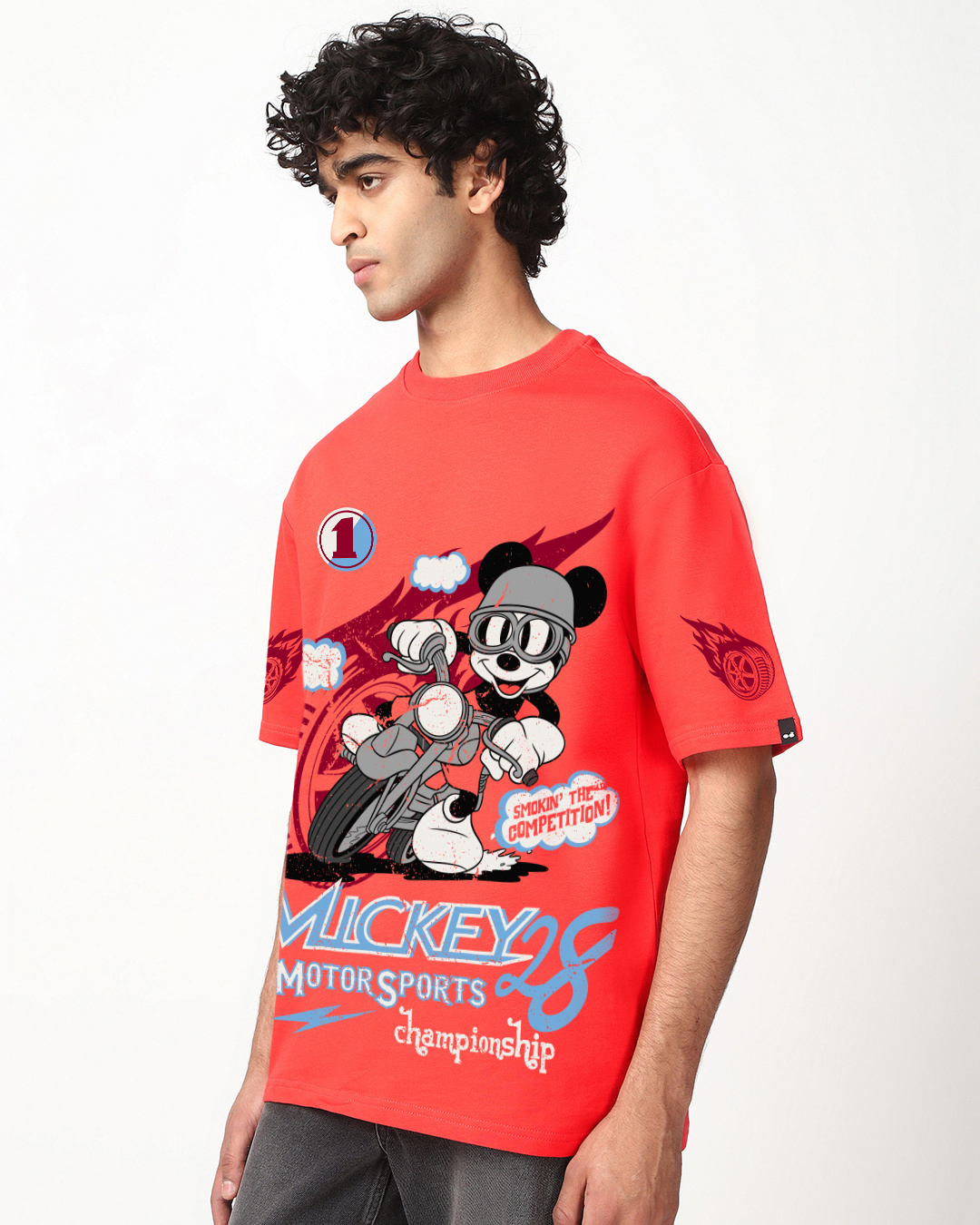 Shop Men's Fiesta Red Mickey Graphic Printed Oversized T-shirt-Back