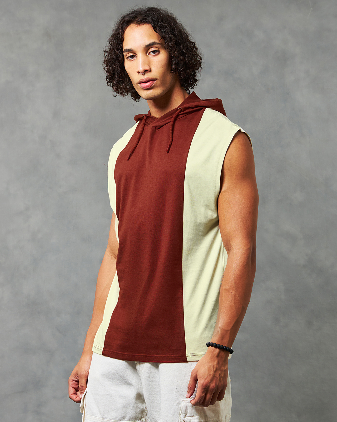 Shop Men's Brick Red & Beige Color Block Oversized Hooded Vest-Back