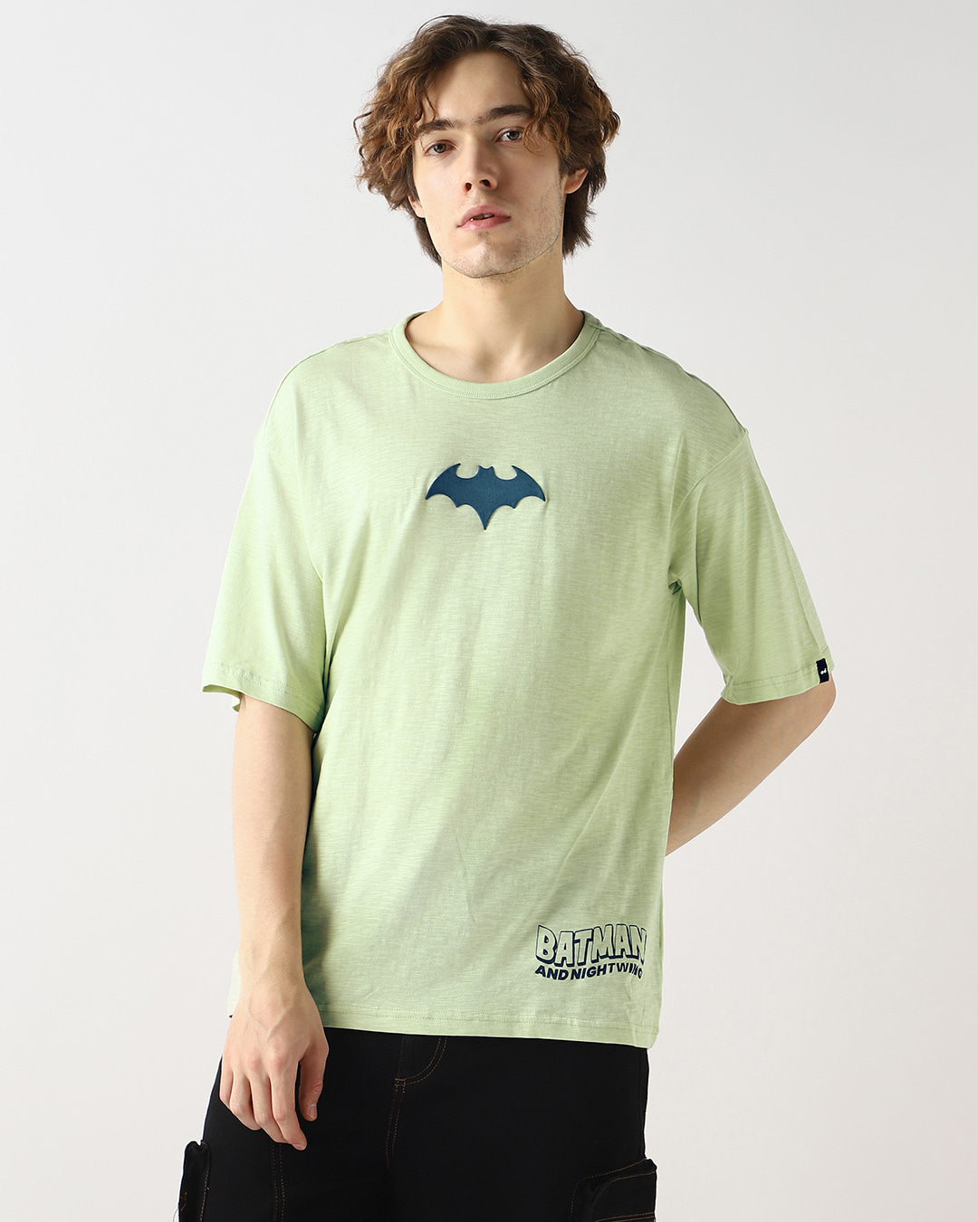 Shop Men's Fog Green Batman & Nightwing Graphic Printed Oversized T-shirt-Back