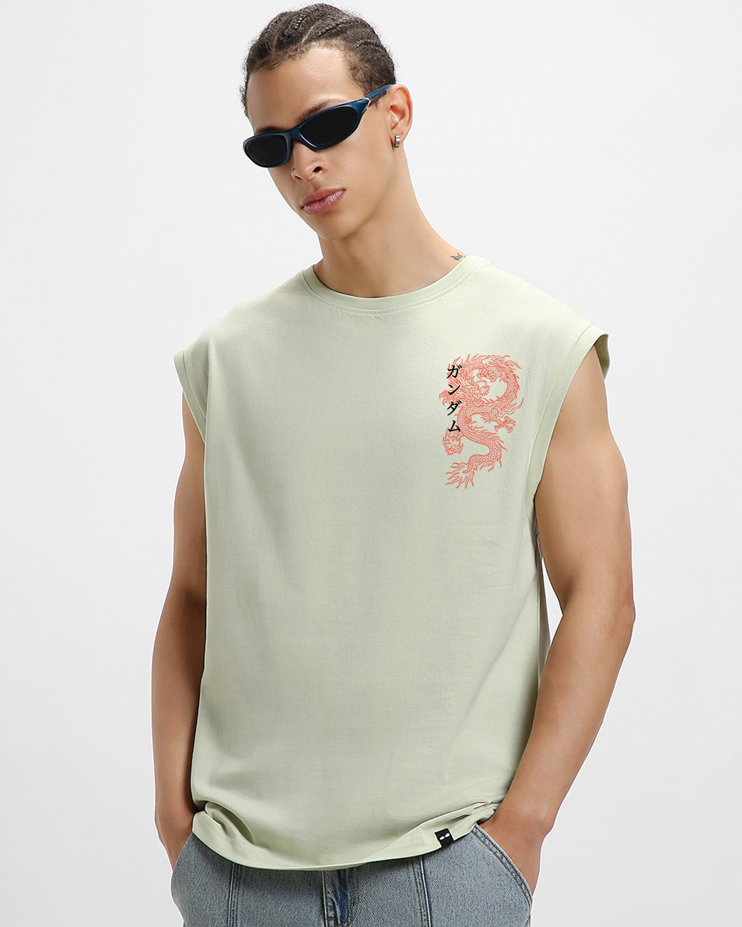 Shop Men's Fog Green Cyber Samurai Graphic Printed Boxy Fit Vest-Back