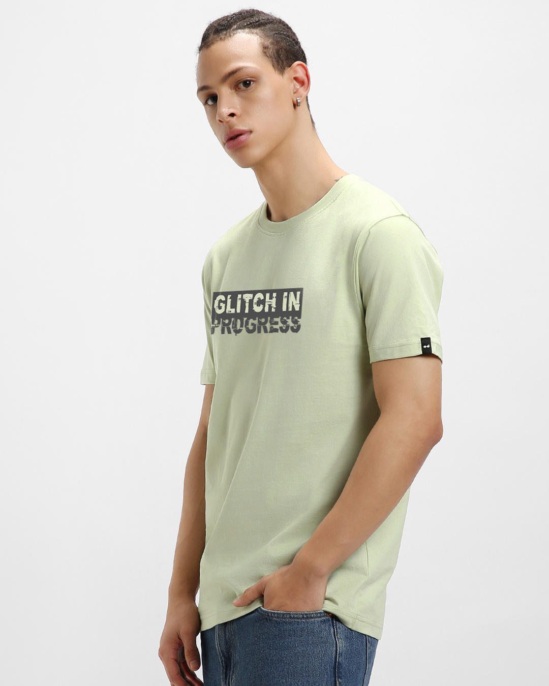 Shop Men's Fog Green Glitch Typography T-shirt-Back