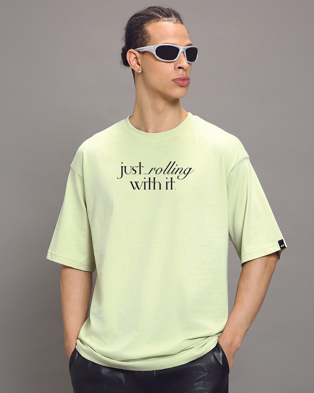 Shop Men's Fog Green Justrolling Graphic Printed Oversized T-shirt-Back