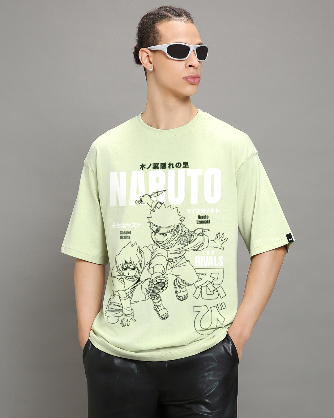 Shop Men's Fog Green Naruto Graphic Printed Oversized T-shirt-Back