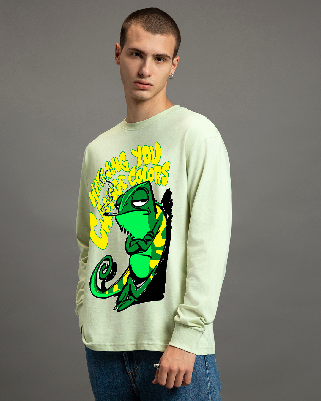 Shop Men's Fog Green Watching You Change Colours Graphic Printed Oversized T-shirt-Back