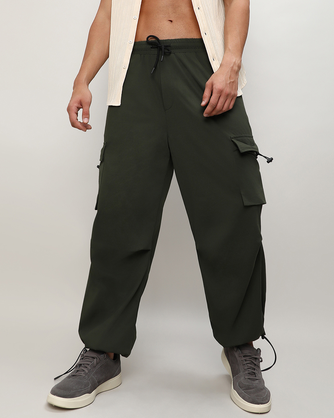 Shop Men's Forest Green Loose Comfort Fit Cargo Parachute Pants-Back