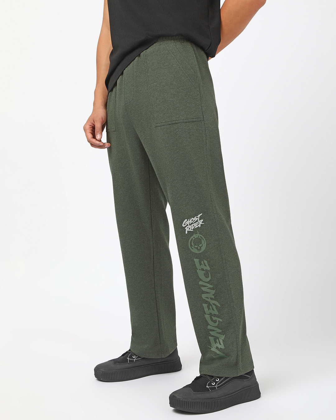 Shop Men's Forest Grey Melange Vengeance Typography Oversized Track Pants-Back