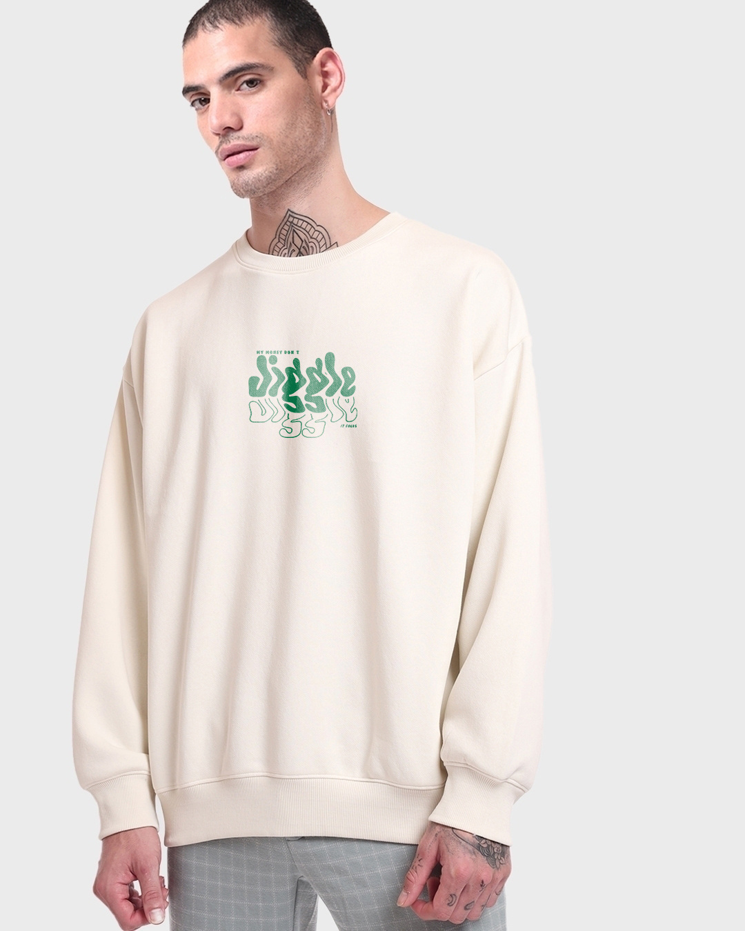 Shop Men's Gardenia Money Don't Jiggle Graphic Printed Oversized Sweatshirt-Back