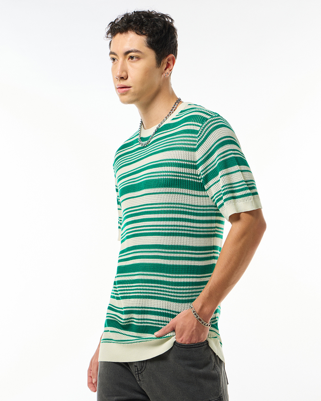 Shop Men's Gardenia & Green Striped Flatknit T-shirt-Back