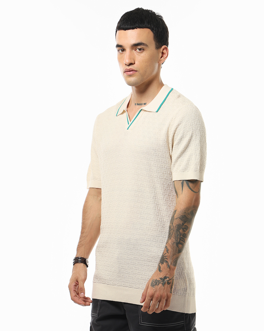 Shop Men's Gardenia Textured Flatknit  Polo T-shirt-Back