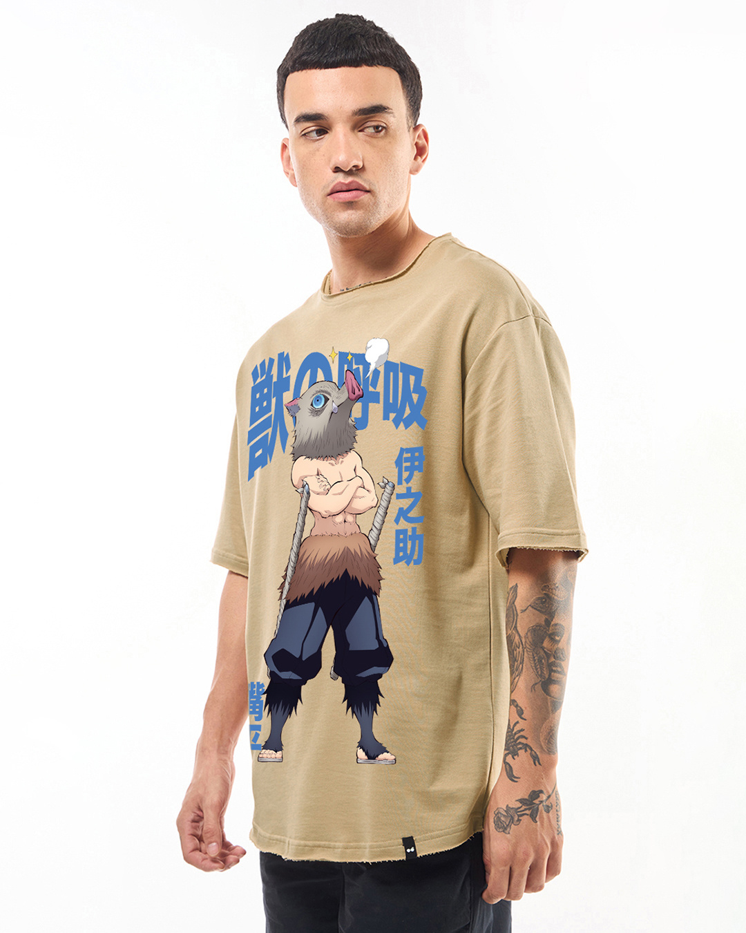 Shop Men's Ginger Root Brown Inosuke Beast Breathing Graphic Printed Oversized T-shirt-Back