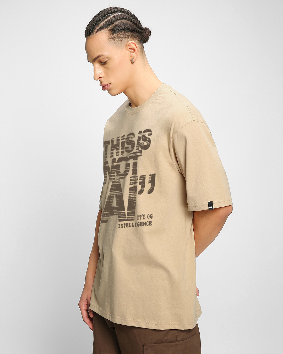 Shop Men's Ginger Root Brown Intelligence Typography Oversized T-shirt-Back