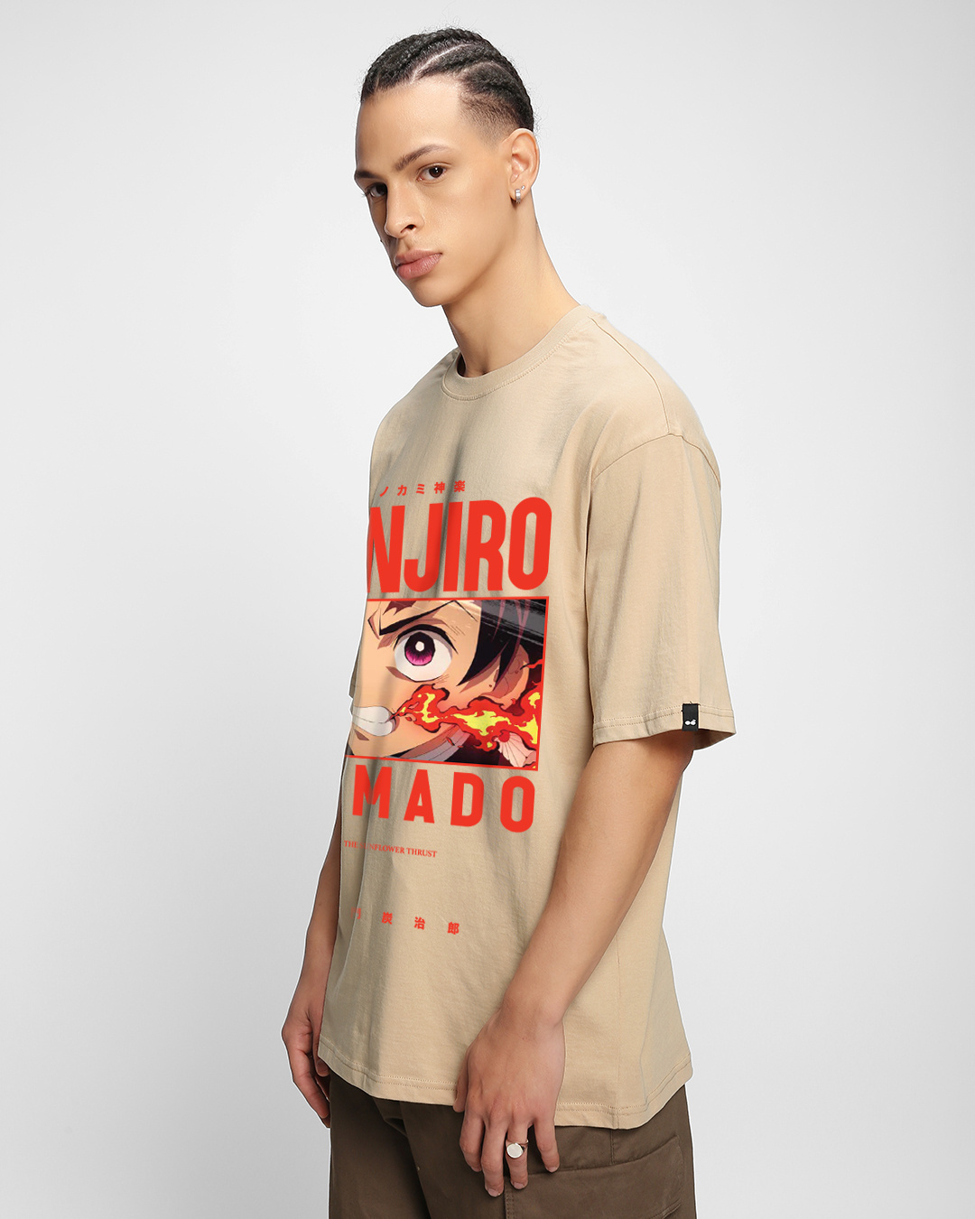 Shop Men's Ginger Root Brown Tanjiro Fire Breathing Graphic Printed Oversized T-shirt-Back