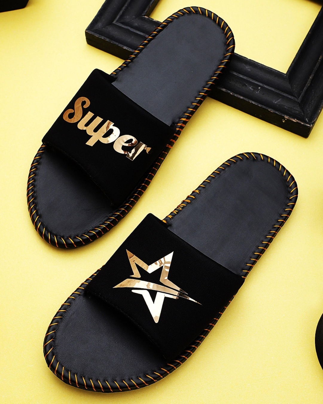 mens black and gold sliders