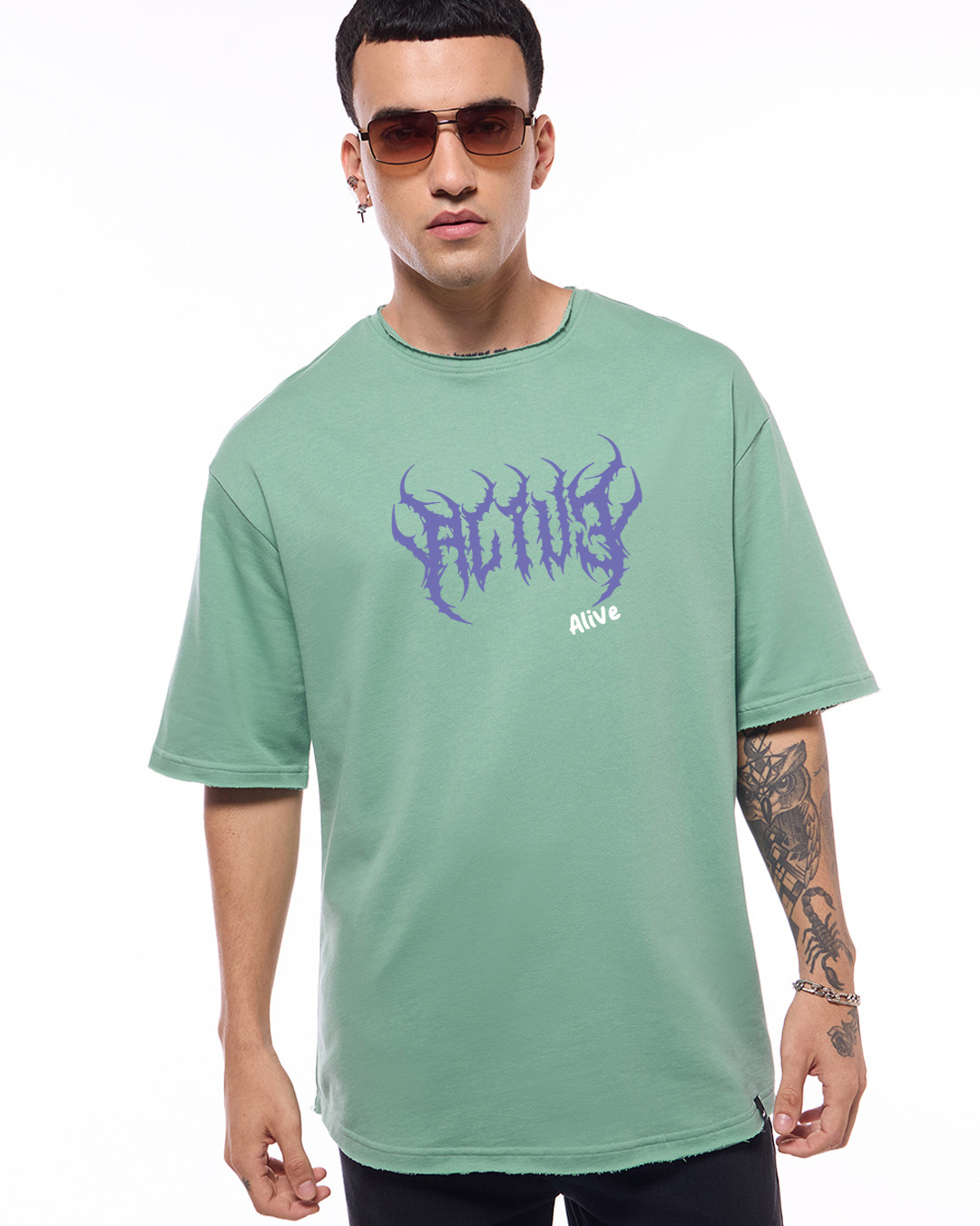 Shop Men's Granite Green Collapsed Typography Oversized T-shirt-Back