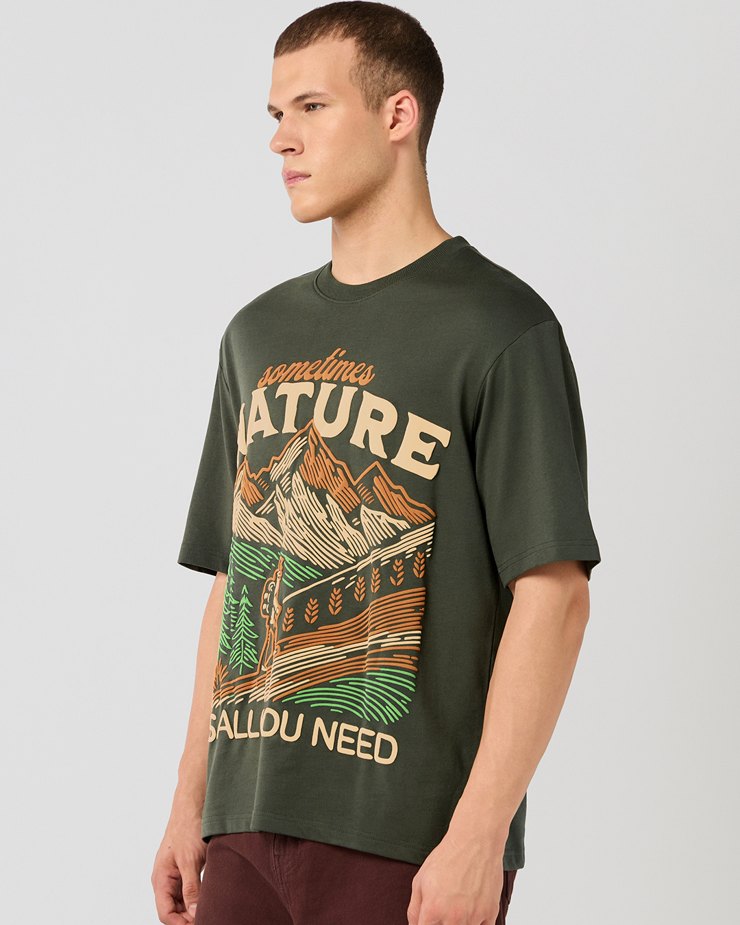 Shop Men's Grape Leaf Green Sometimes Nature Graphic Printed Oversized T-shirt-Back