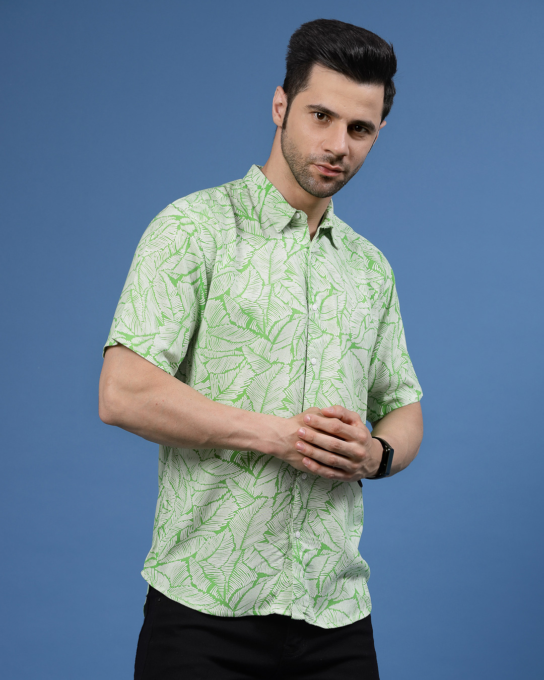 Shop Men's Green All Over Leaf Printed Slim Fit Shirt-Back