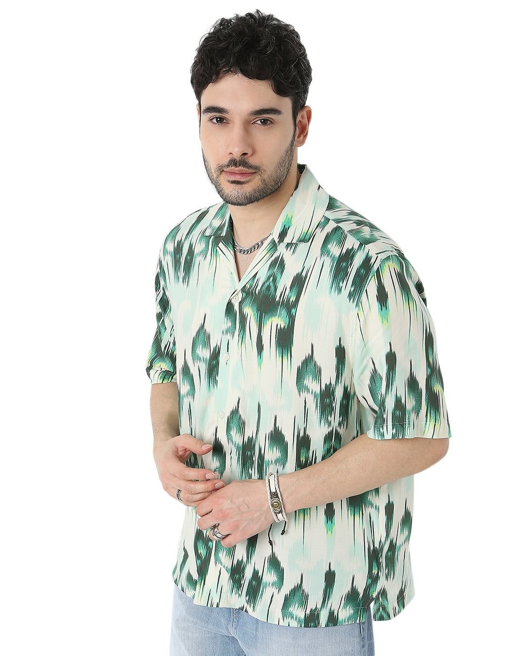 Shop Men's Green All Over Matrix Printed Relaxed Fit Shirt-Back