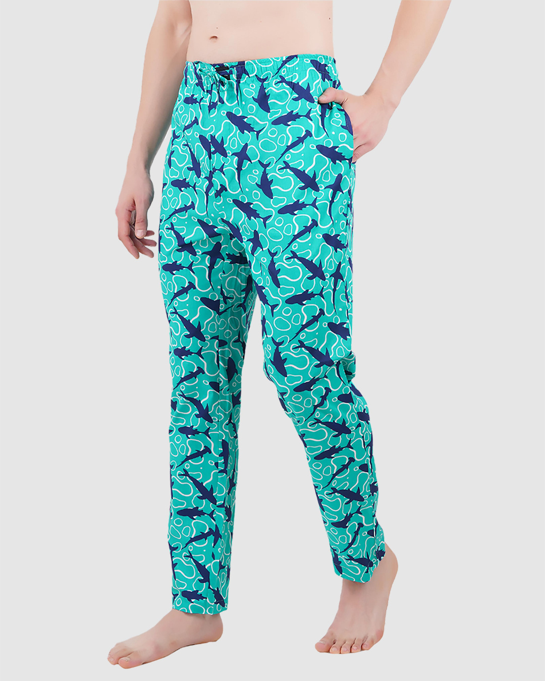 Shop Men's Green All Over Sharks Printed Cotton Pyjamas-Back