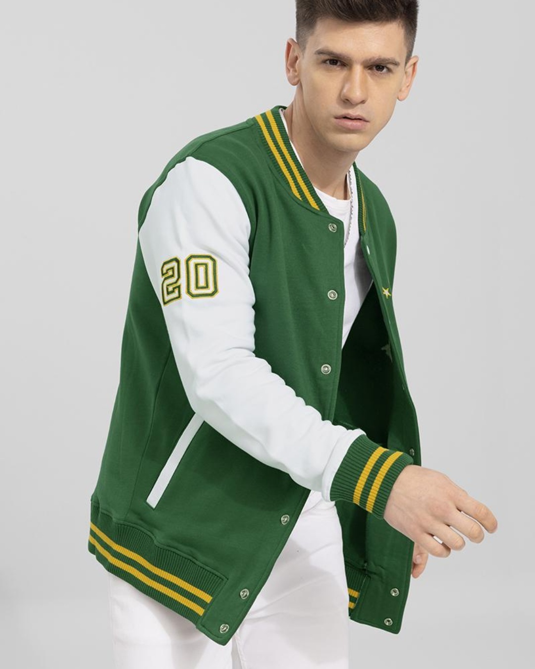 Shop Men's Green & White Seigneur Color Block Varsity Jacket-Back