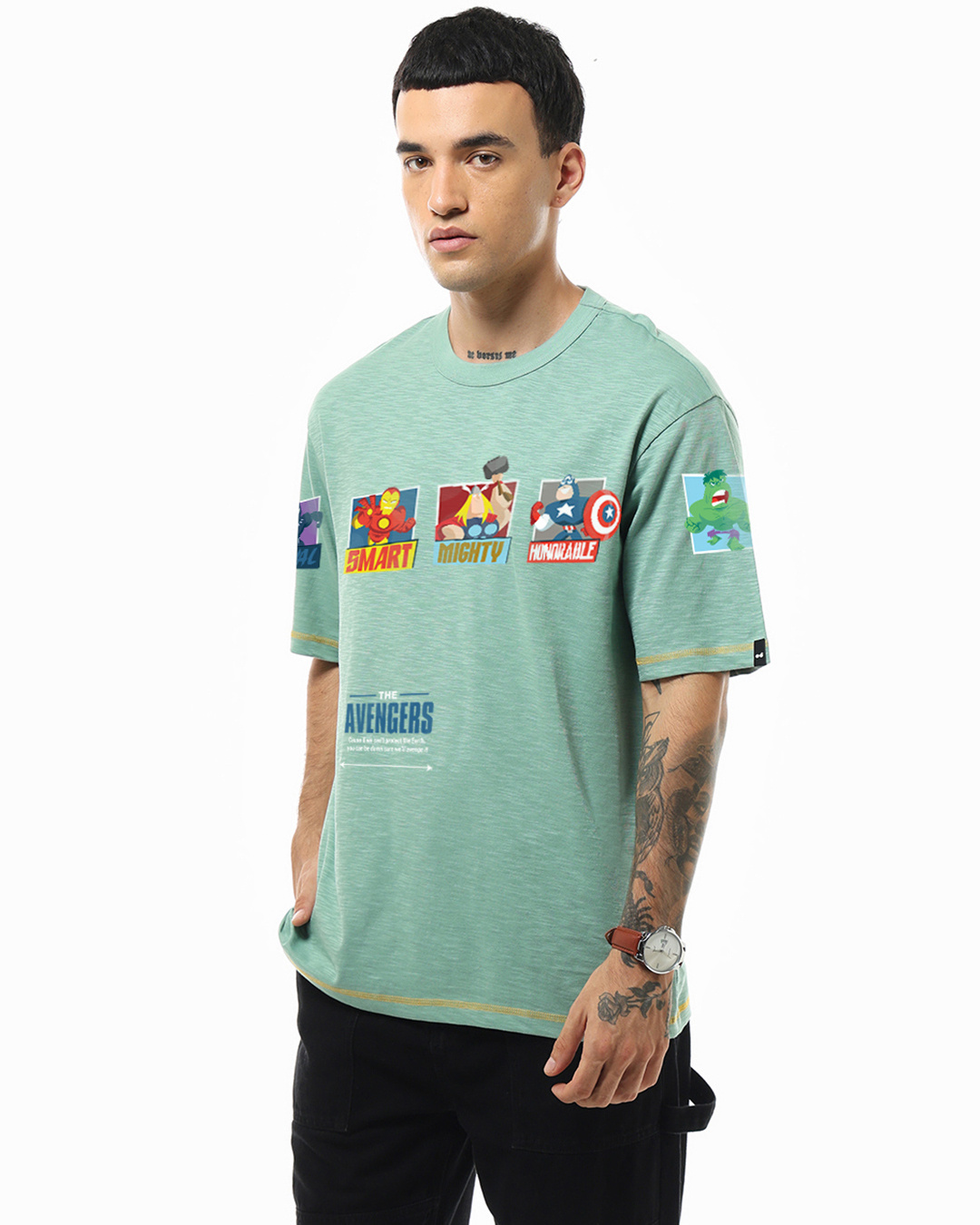 Shop Men's Green Avengers Assemble Graphic Printed Oversized T-shirt-Back