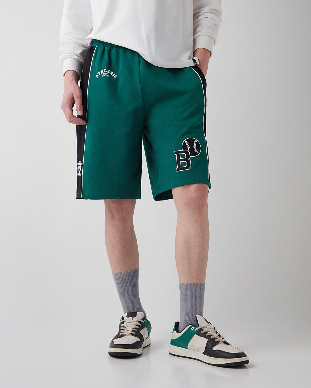 Shop Men's Green & Black Athletic Color Block Oversized Varsity Shorts-Back