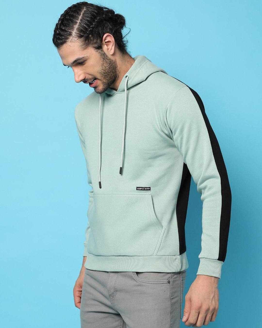 Shop Men's Green & Black Color Block Hooded Sweatshirt-Back
