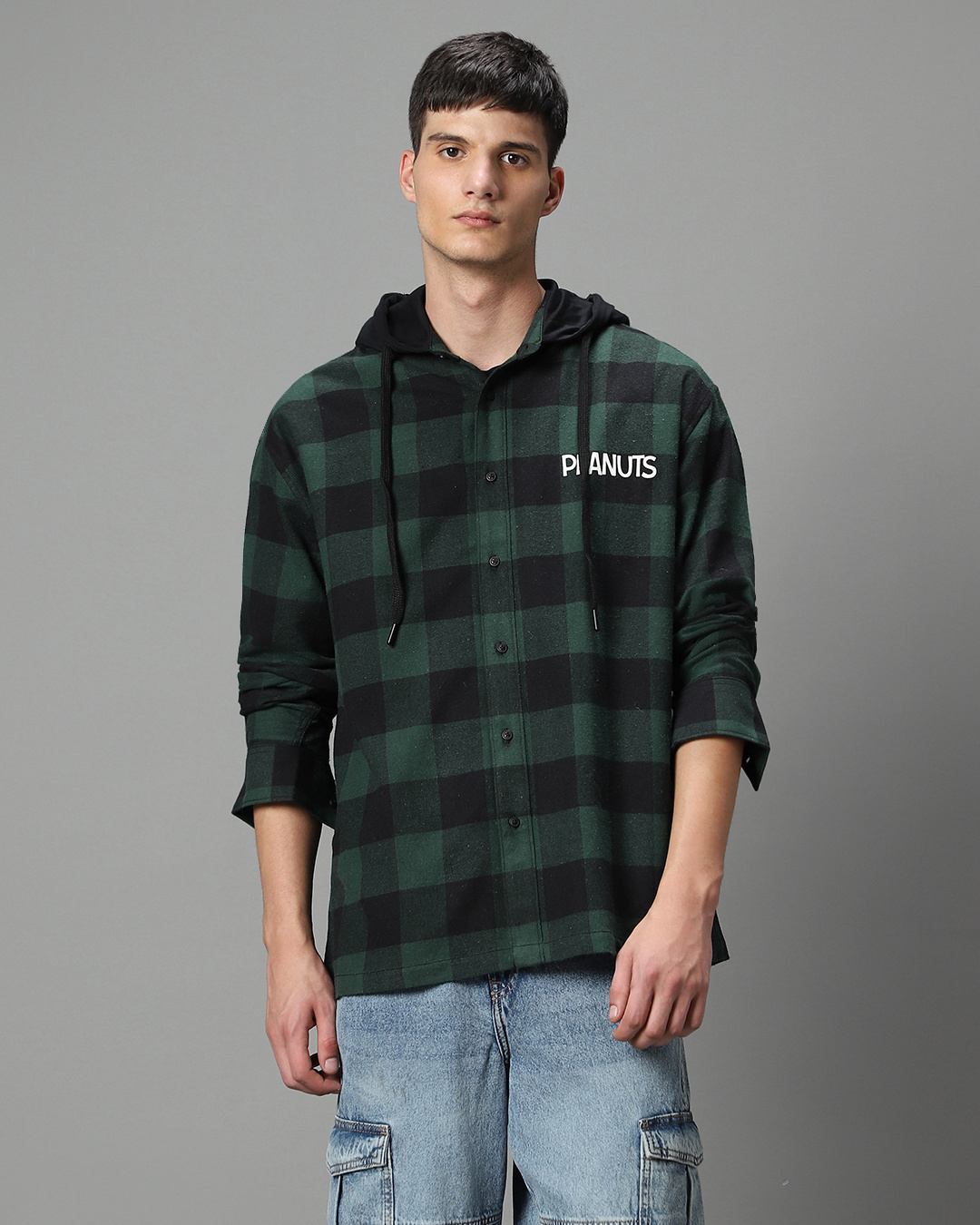 Shop Men's Green & Black Snoopy Checked Oversized Hooded Shirt-Back
