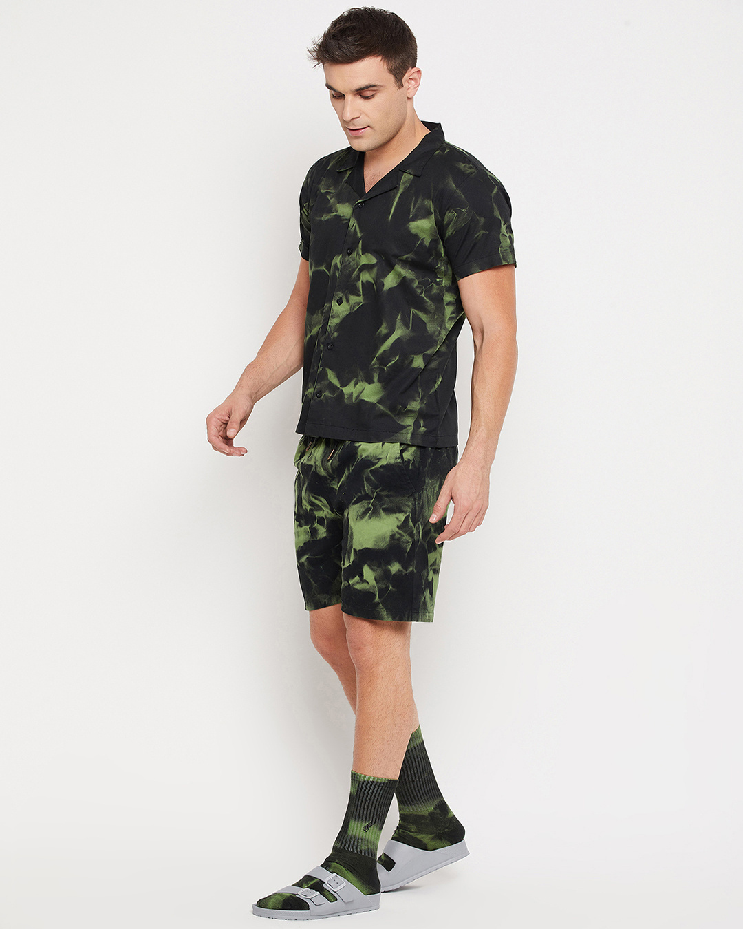 Shop Men's Green & Black Tie & Dye Shirt & Shorts Set with Matching Socks-Back