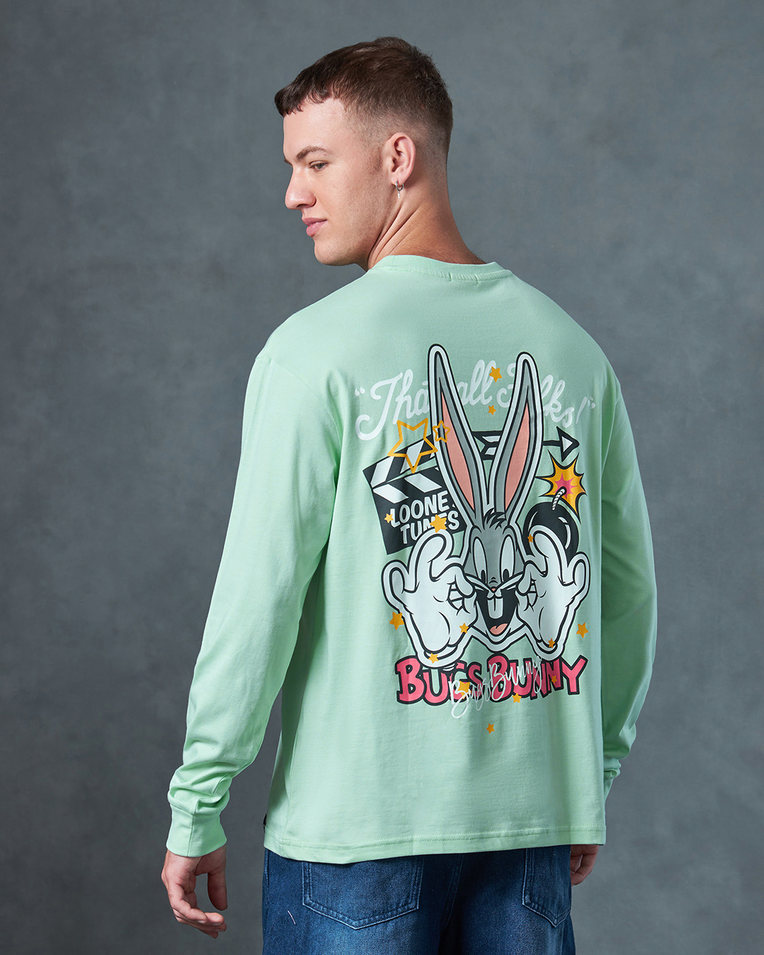 Shop Men's Green Bunny Folks Graphic Printed Oversized T-shirt-Back