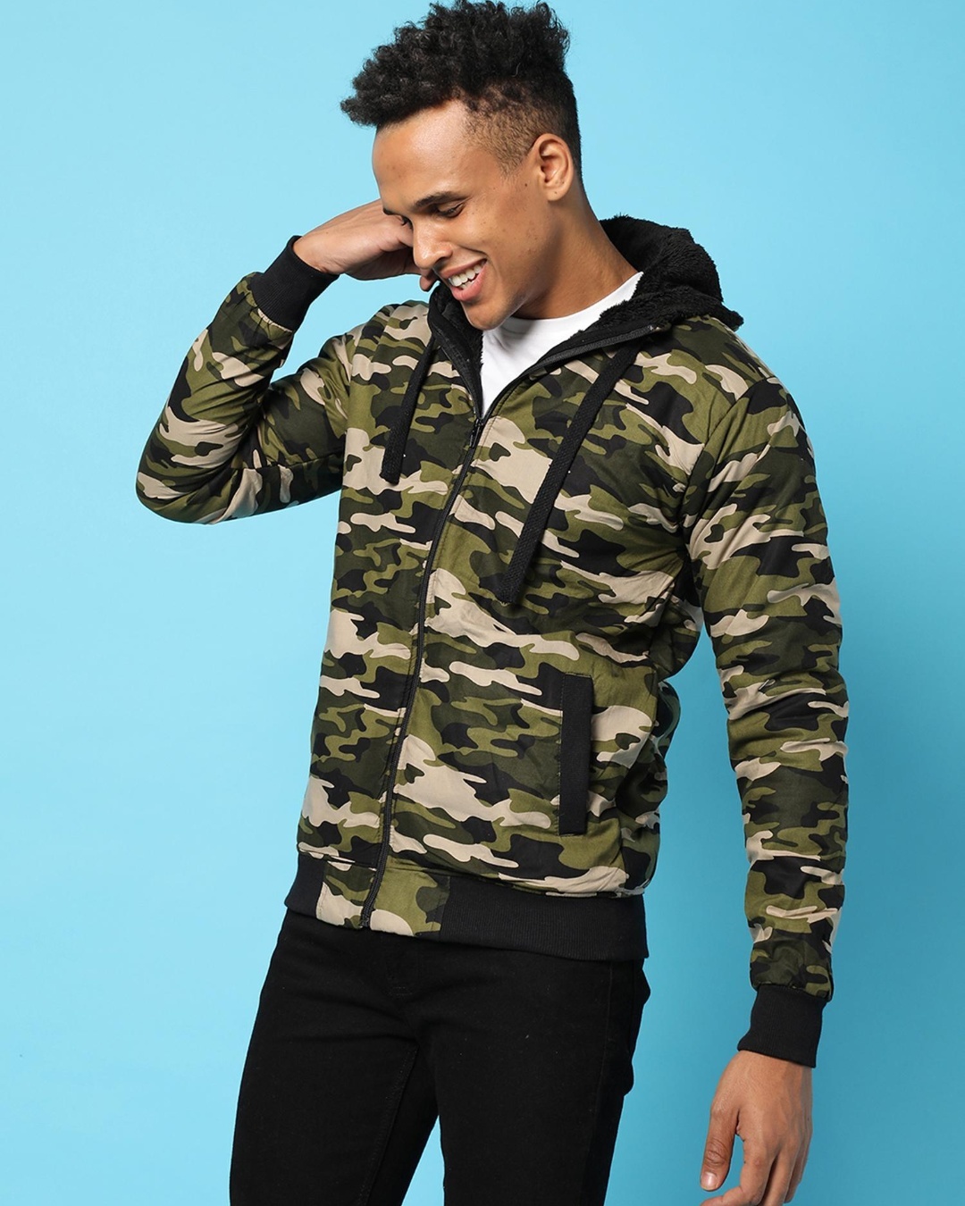 Shop Men's Green Camouflage Hoodie Jacket-Back