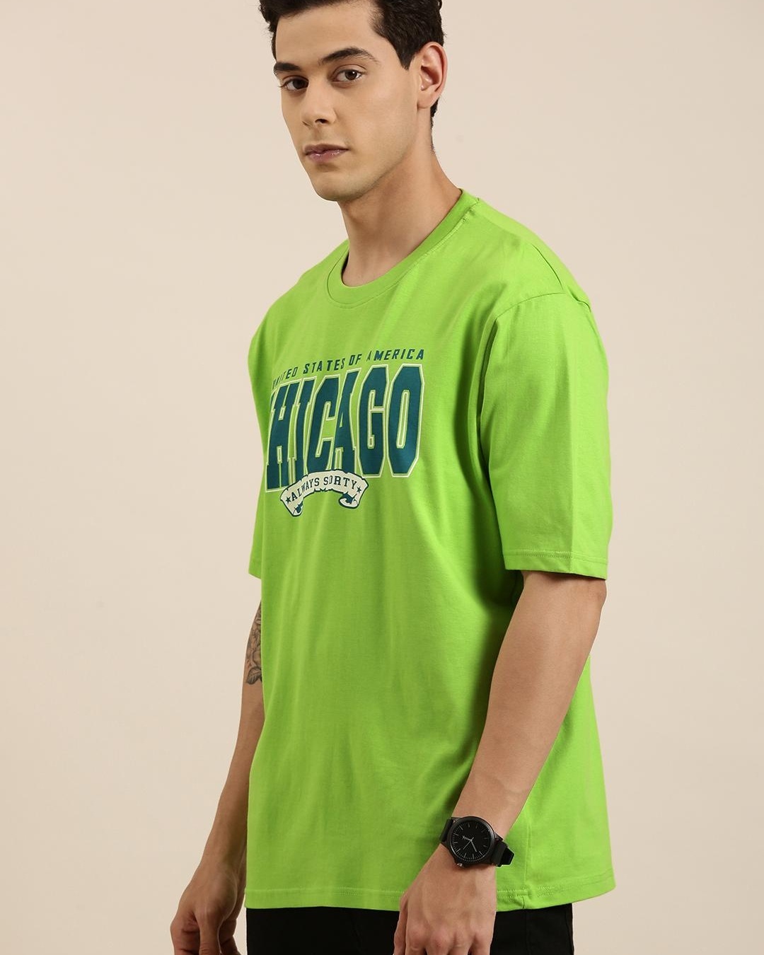 Buy Men's Green Chicago Typography Oversized T-shirt Online at Bewakoof