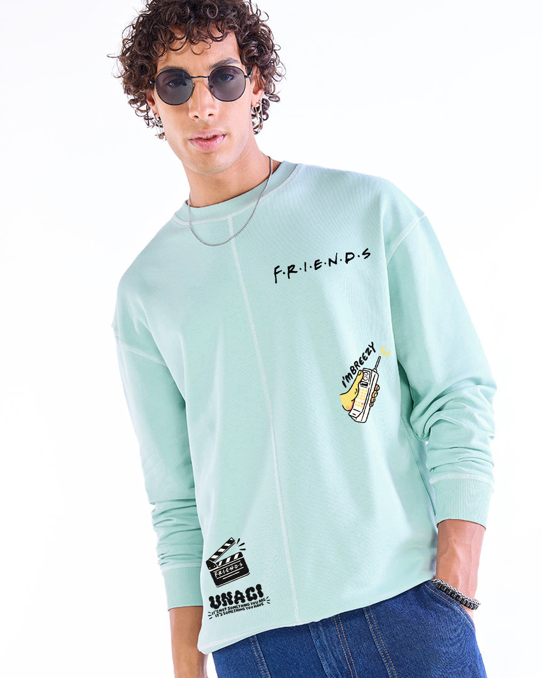 Shop Men's Green Chilling With Friends Graphic Printed Oversized Sweatshirt-Back