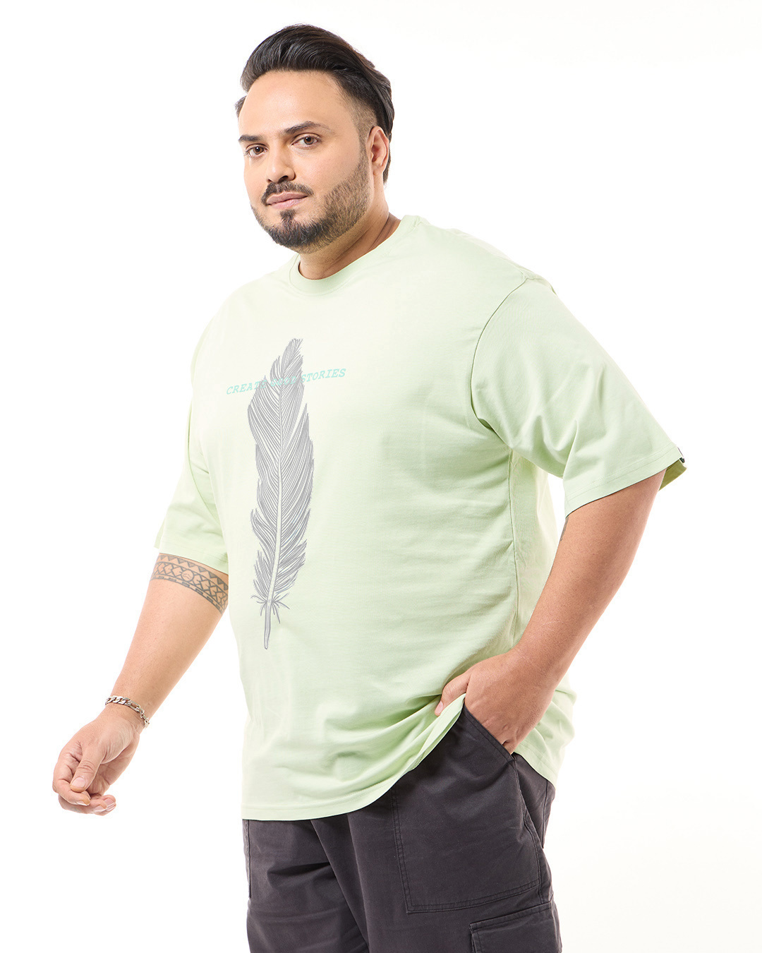 Shop Men's Green Create Good Stories Graphic Printed Oversized Plus Size T-shirt-Back