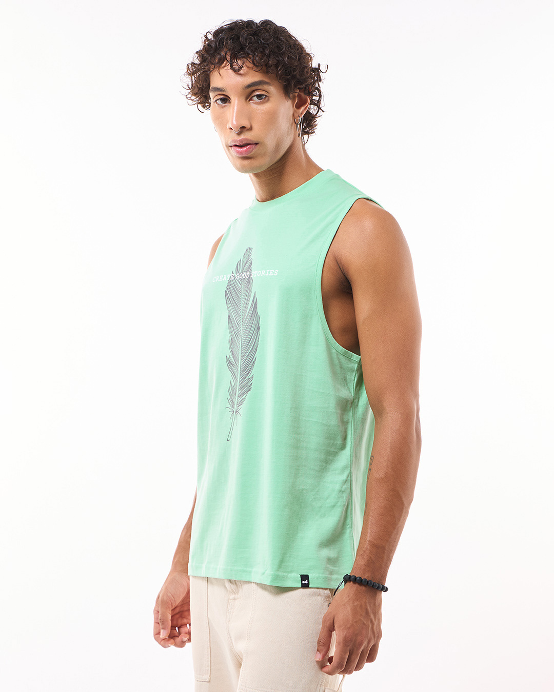 Shop Men's Green Create Good Stories Graphic Printed Oversized Vest-Back