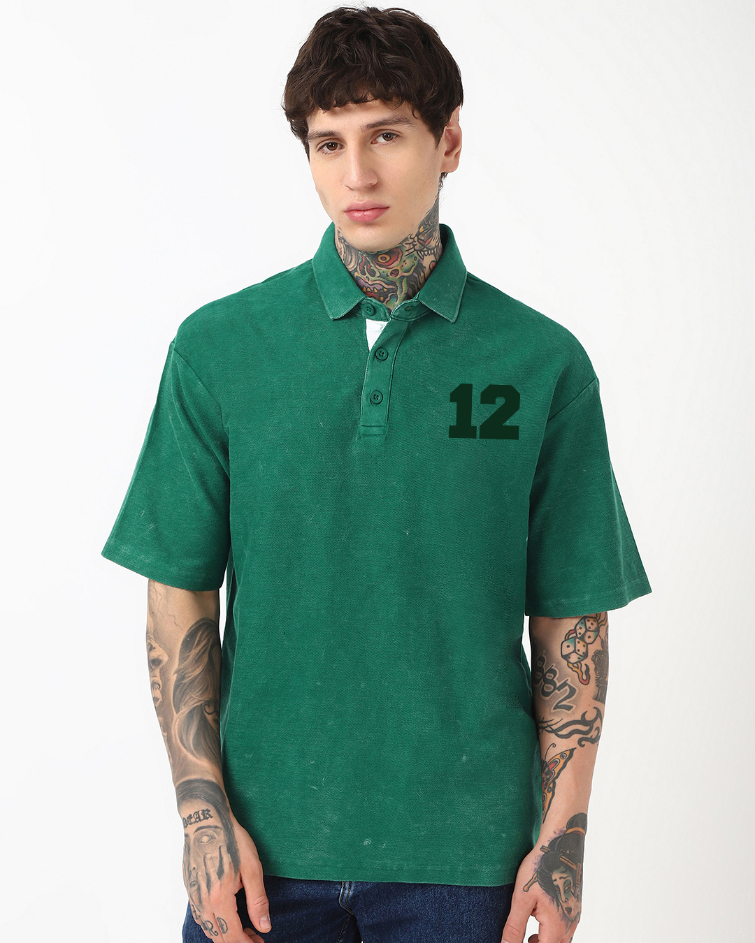Shop Men's Green Escape Typography Oversized Acid Wash Polo T-shirt-Back