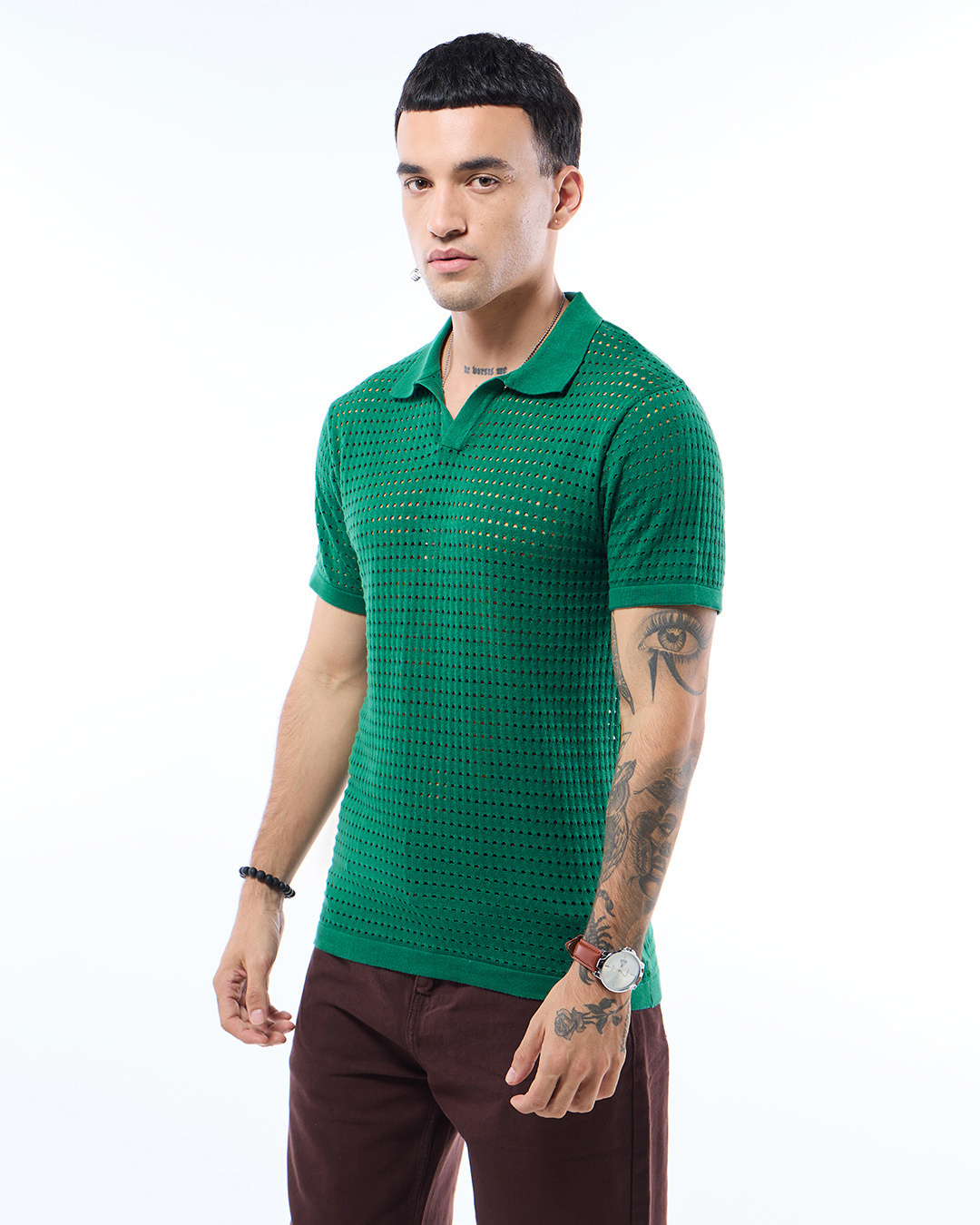 Shop Men's Green Textured Flatknit Polo T-shirt-Back