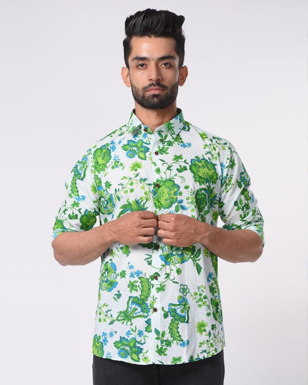 Men's Blue Floral Printed Slim Fit Shirt