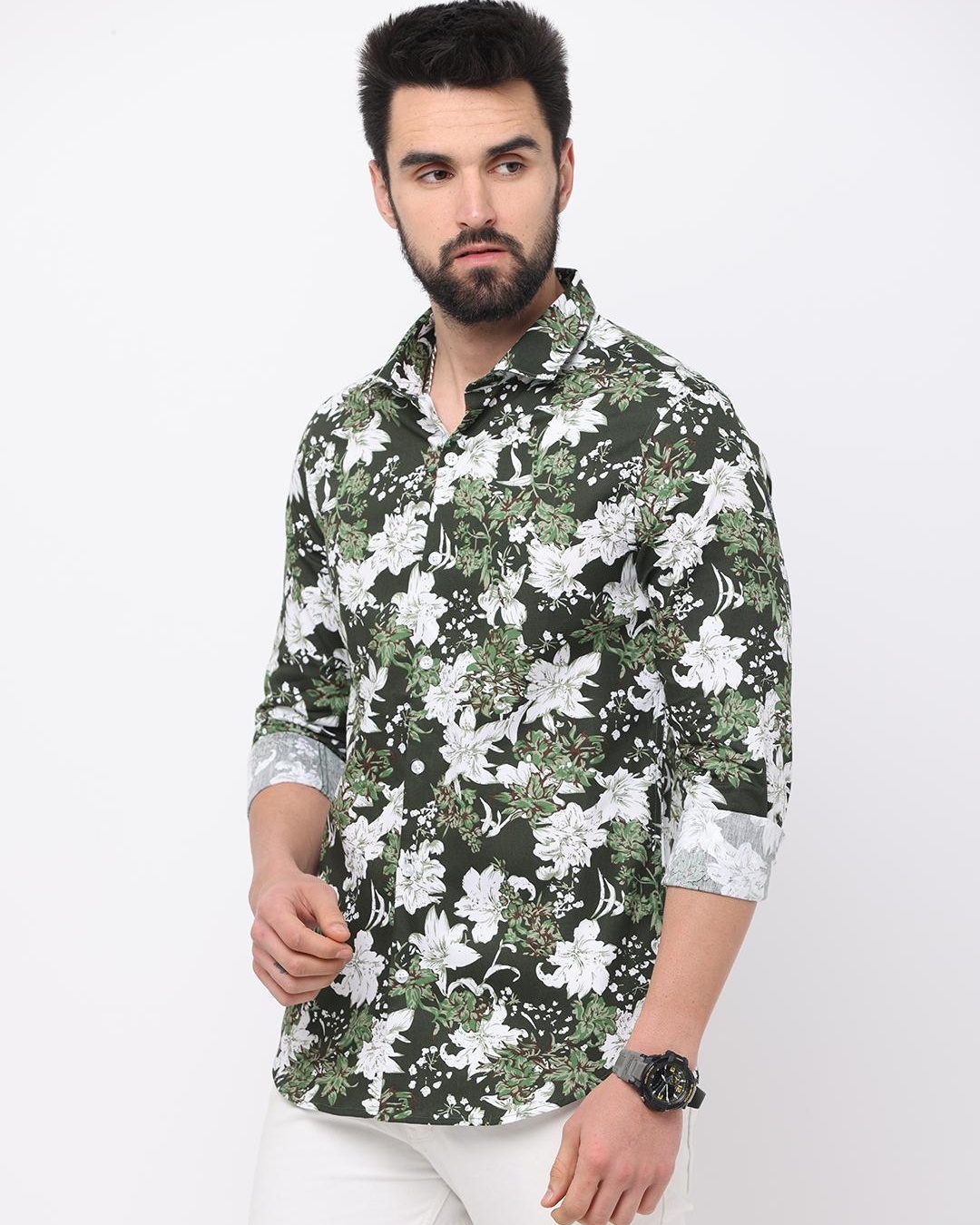 Shop Men's Green Floral Printed Slim Fit Shirt-Back