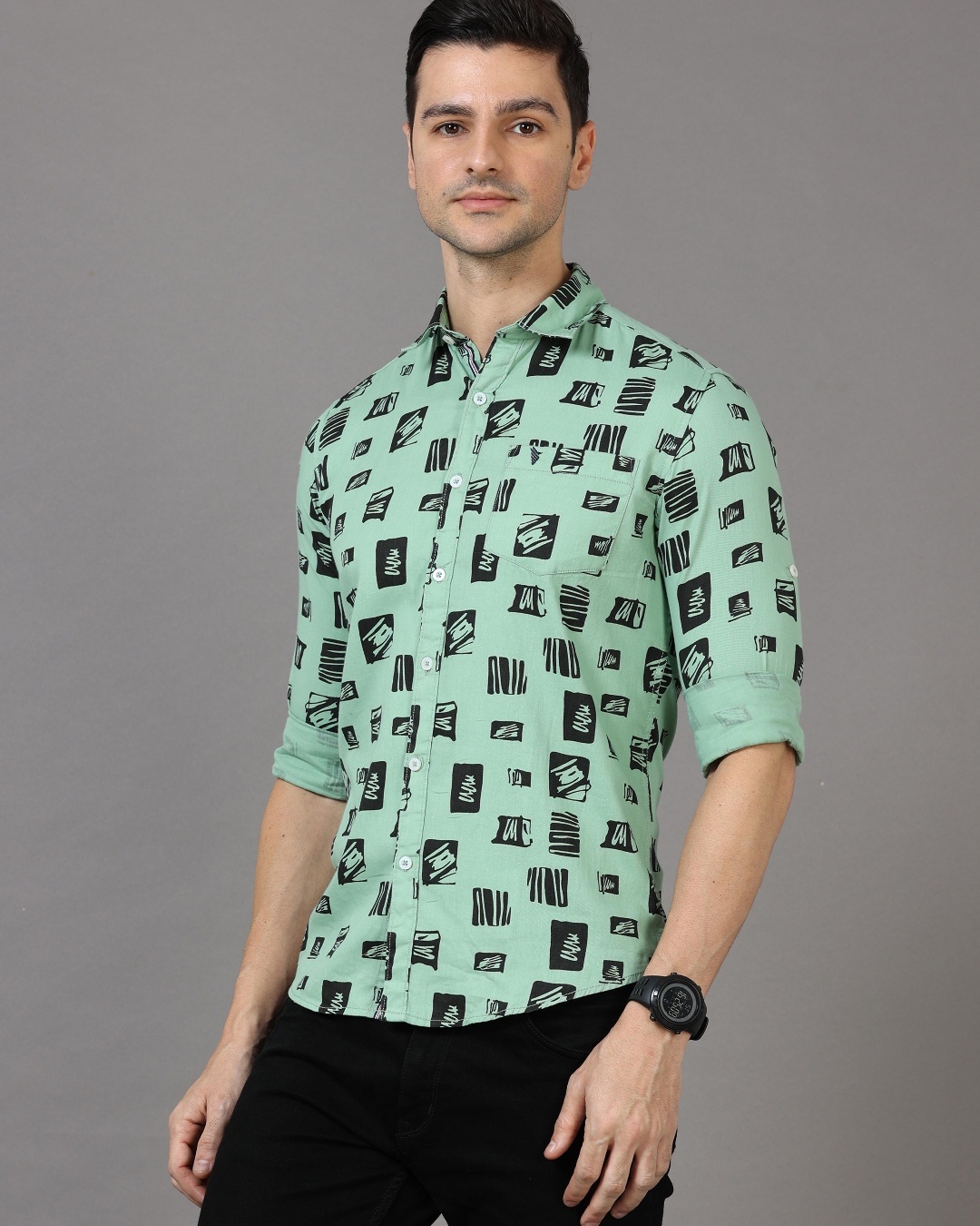 Shop Men's Green Geometric Printed Slim Fit Shirt-Back