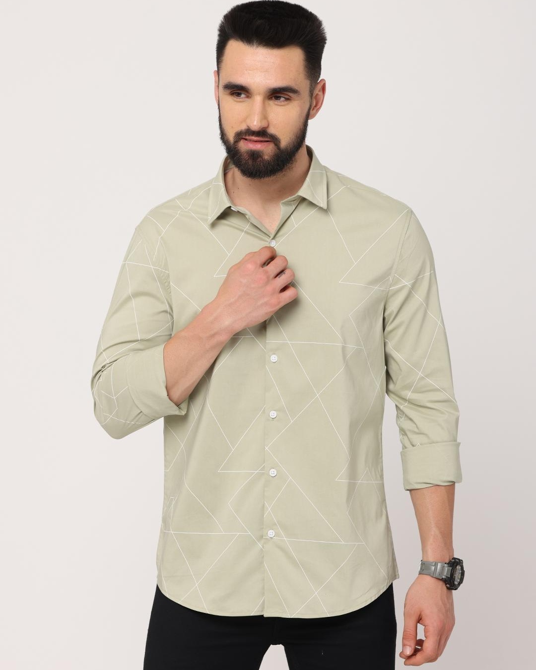 Men's Grey Slim Fit Geometric Printed Spread Collar Cotton Casual Shirt main image 1