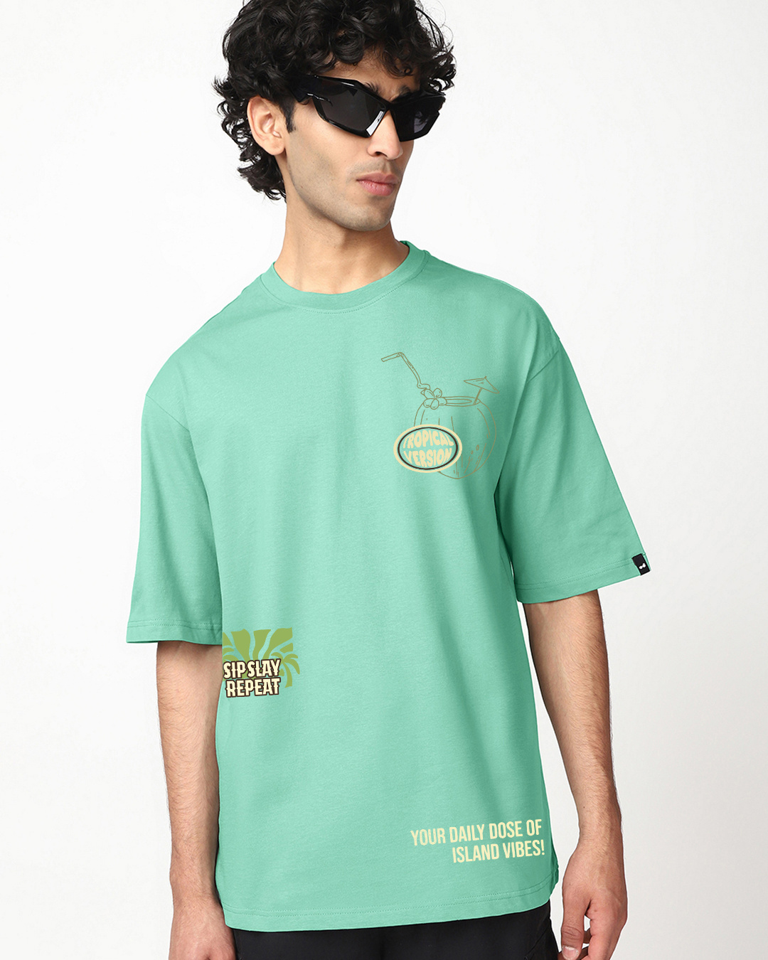 Shop Men's Granite Green Sip Slay Repeat Graphic Printed Oversized T-shirt-Back
