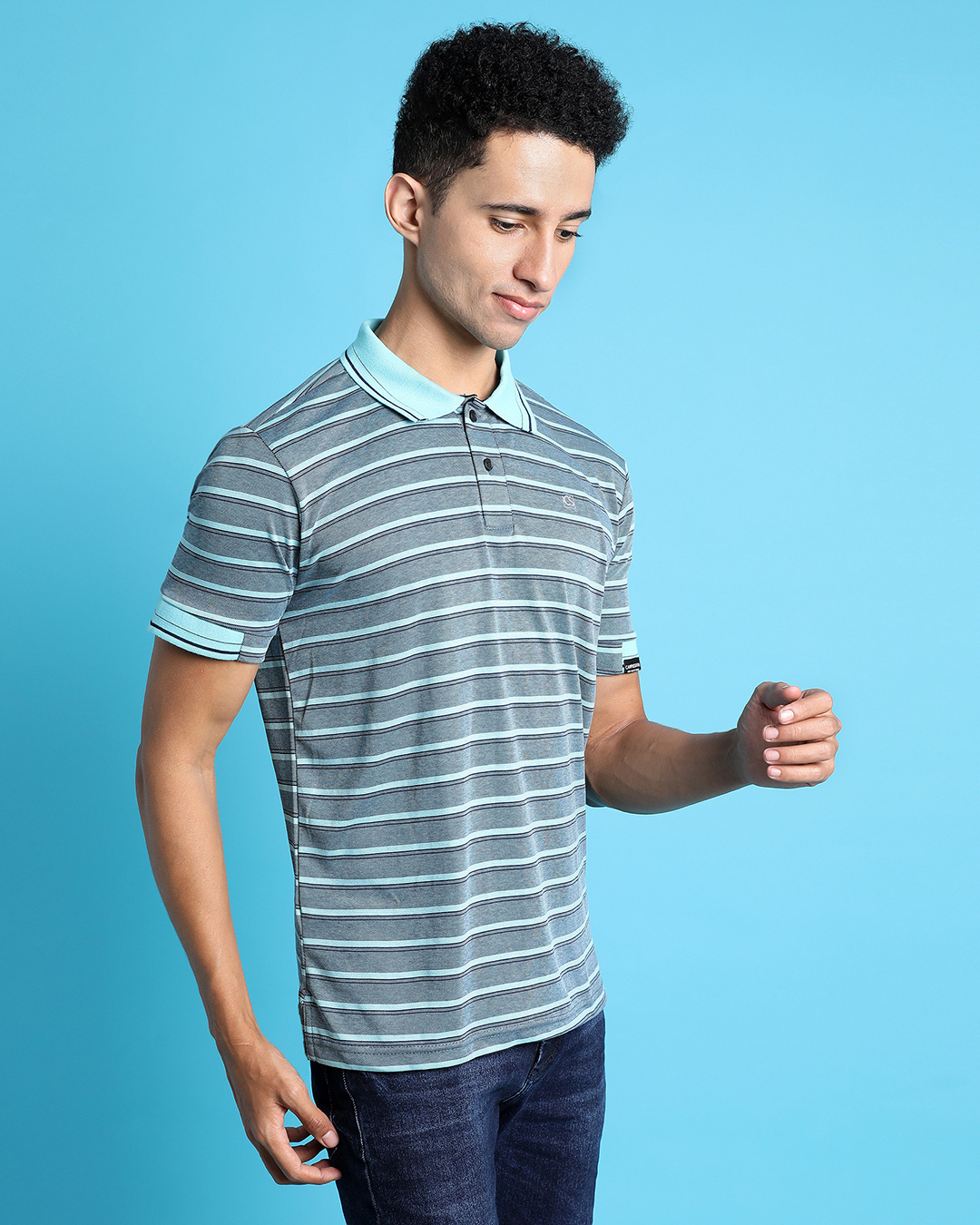 Shop Men's Green & Grey Striped Polo T-shirt-Back